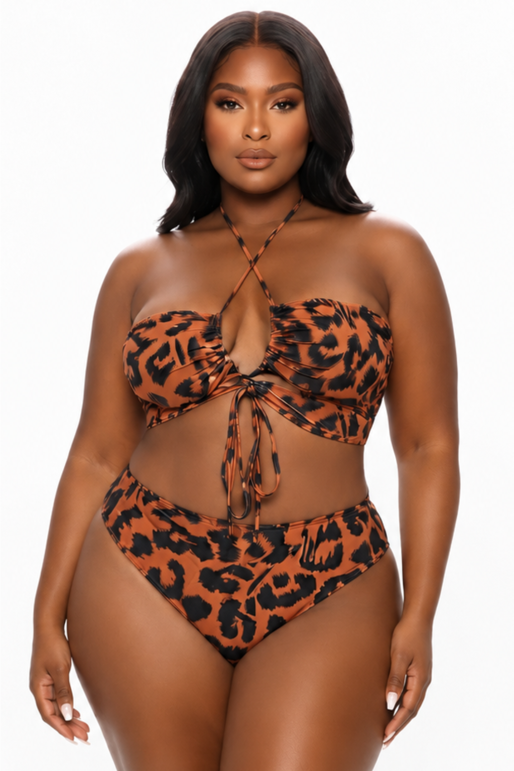 Maillot de Bain 3 Pièces Bikini Bandeau Léopard avec Jupe
